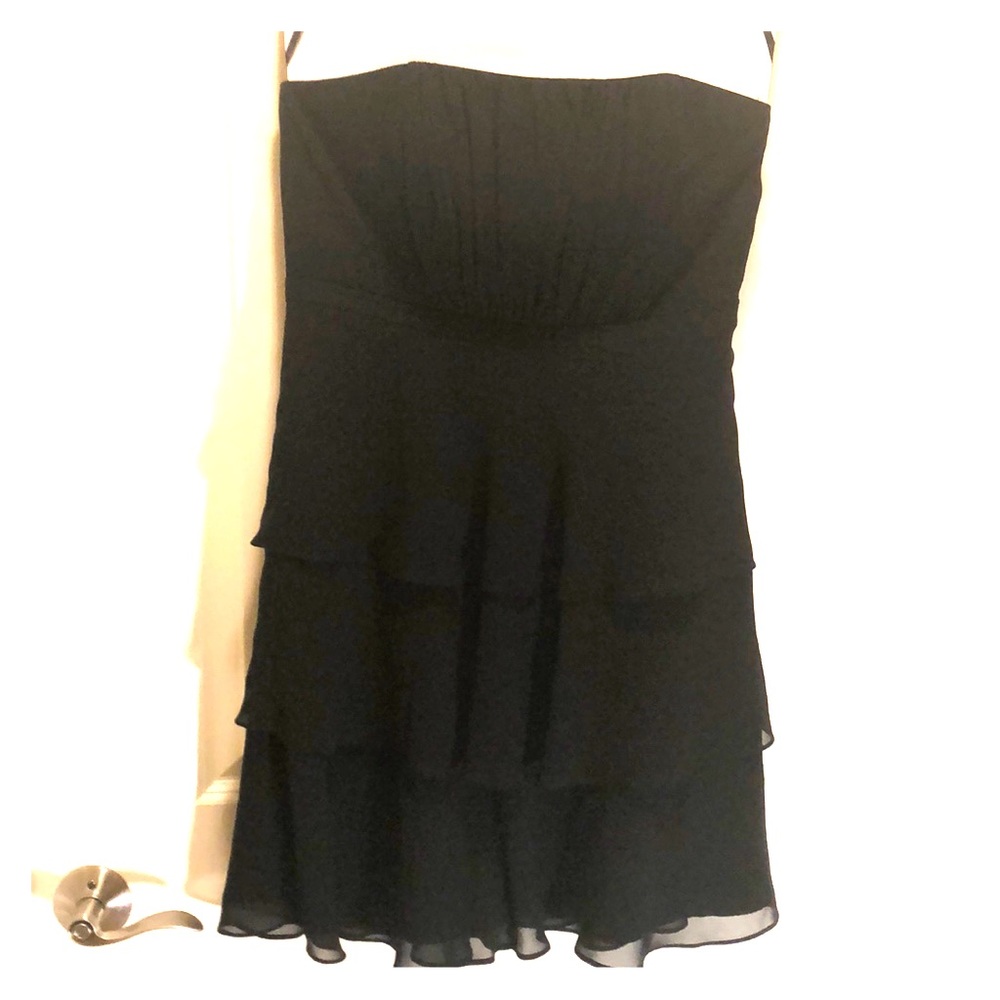 Black, strapless chiffon tiered dress